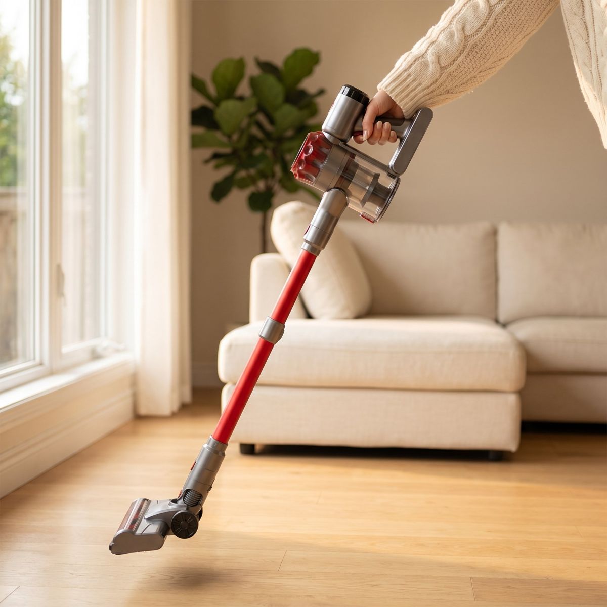 Lifting a lightweight cordless vacuum with one hand