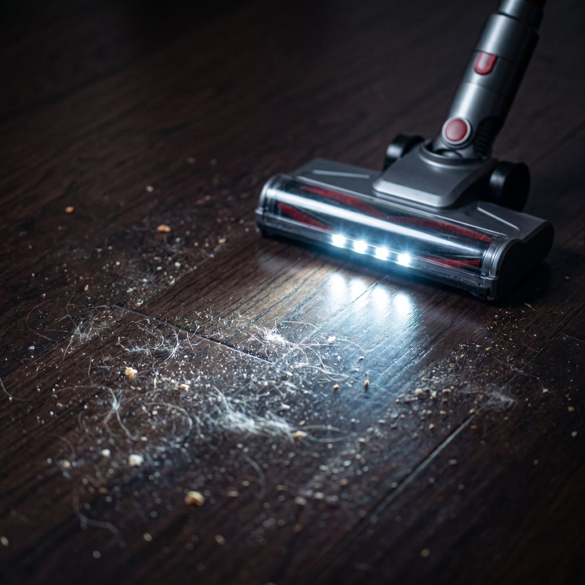 LED headlights revealing dust on a dark floor